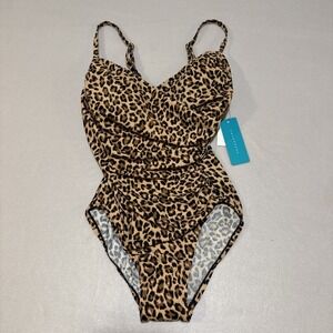 Aqua Green Women Swimsuit One Piece Cinch Front Asymmetrical Leopard Sz S 4/6